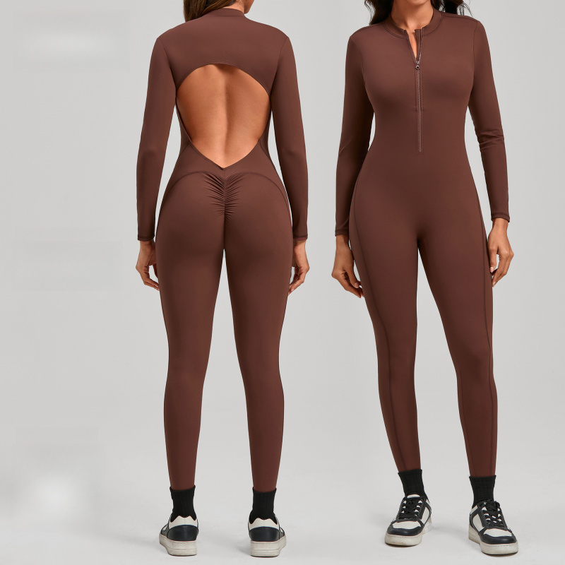 Yoga Fitness Jumpsuit - بدلة يوجا نسائية بسحاب وأكمام طويلة،